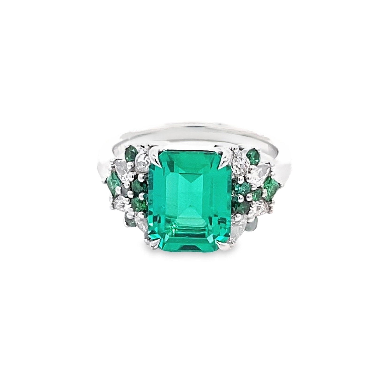 LAB EMERALD AND DIAMOND RING: Lab emerald and diamond ring. Size: 6.75; 1.53 ct