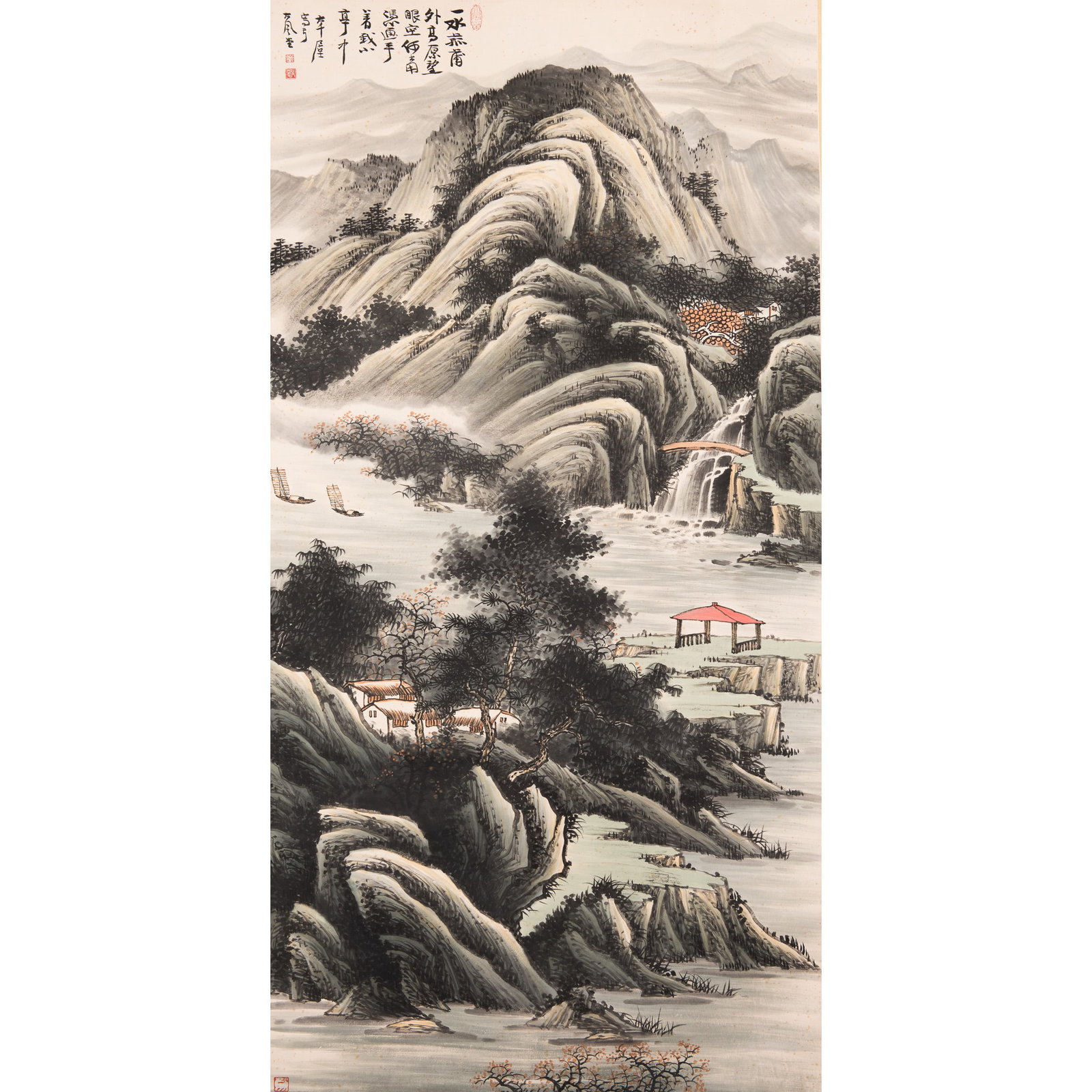 ZHANG DAQIAN, ATTRIBUTED TO, LANDSCAPE: Attributed to Zhang Daqian, landscape. Ink and color on paper, hanging scroll. H135 x 68 cm