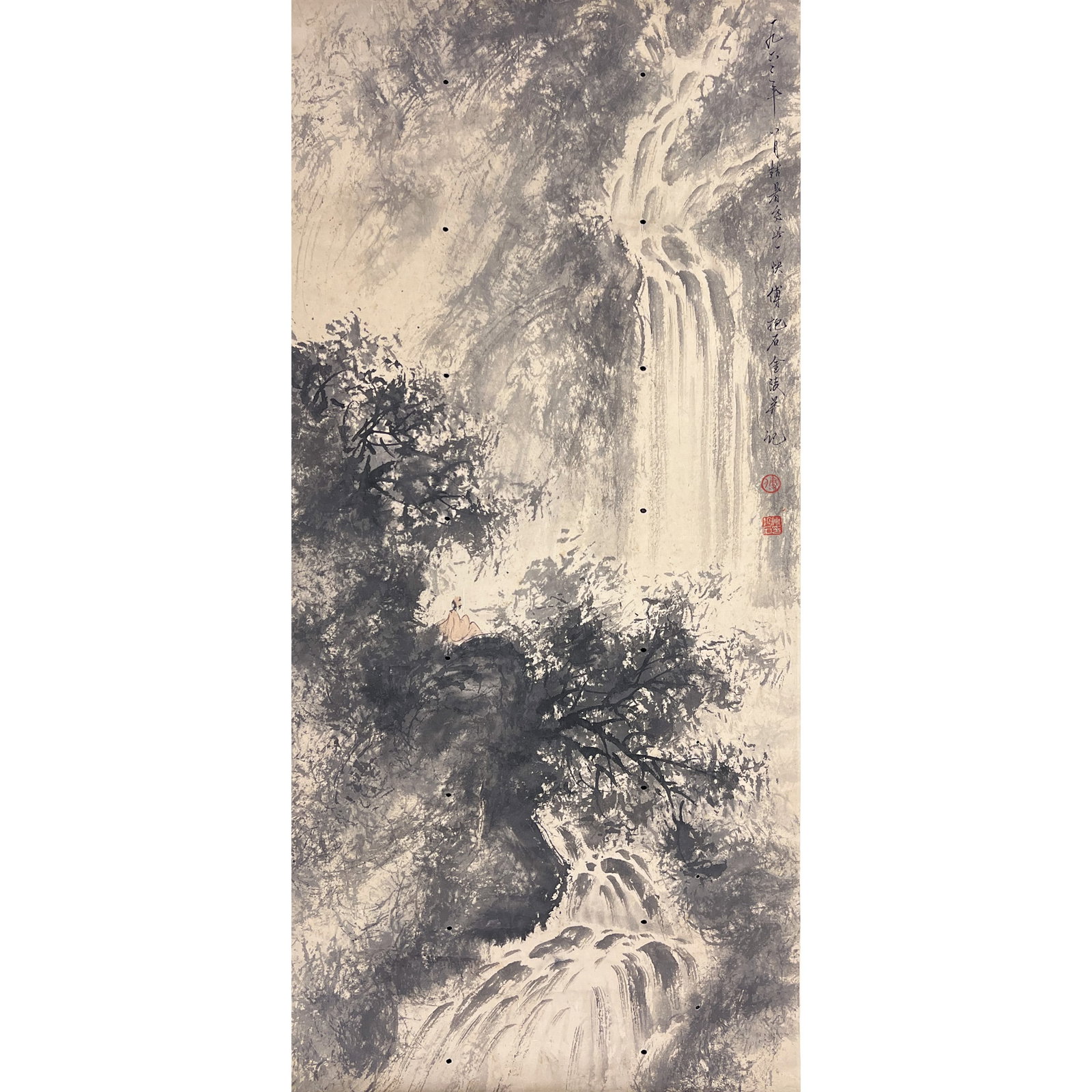 FU BAOSHI (1904-1965), ATTRIBUTED TO, LANDSCAPE: Attributed to Fu Baoshi (1904-1965), landscape. Ink and color on paper, hanging scroll. Image: 37.4"h x 17.52"w (95 x 44.5 cm) Condition: Several wormholes visible.