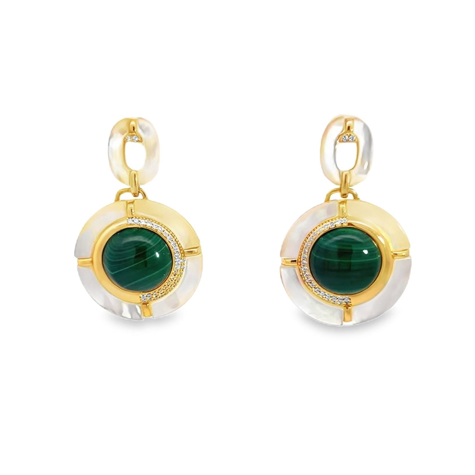 (LOT OF 2) LAPIS LAZULI AND MOTHER-OF-PEARL ENAMEL EARRINGS: (lot of 2) Pair of lapis lazuli earrings with mother-of-pearl enamel decoration. Main stone: 0.39"d (1 cm) (x2) Overall: 1.38"h x 0.83"w (3.5 x 2.1 cm) (x2)