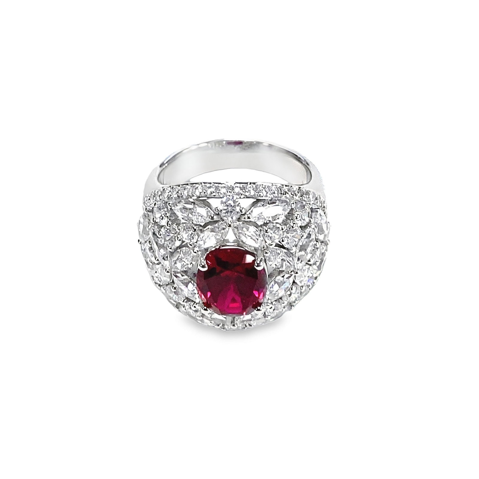 LAB RUBY, DIAMOND AND STERLING SILVER RING - 5