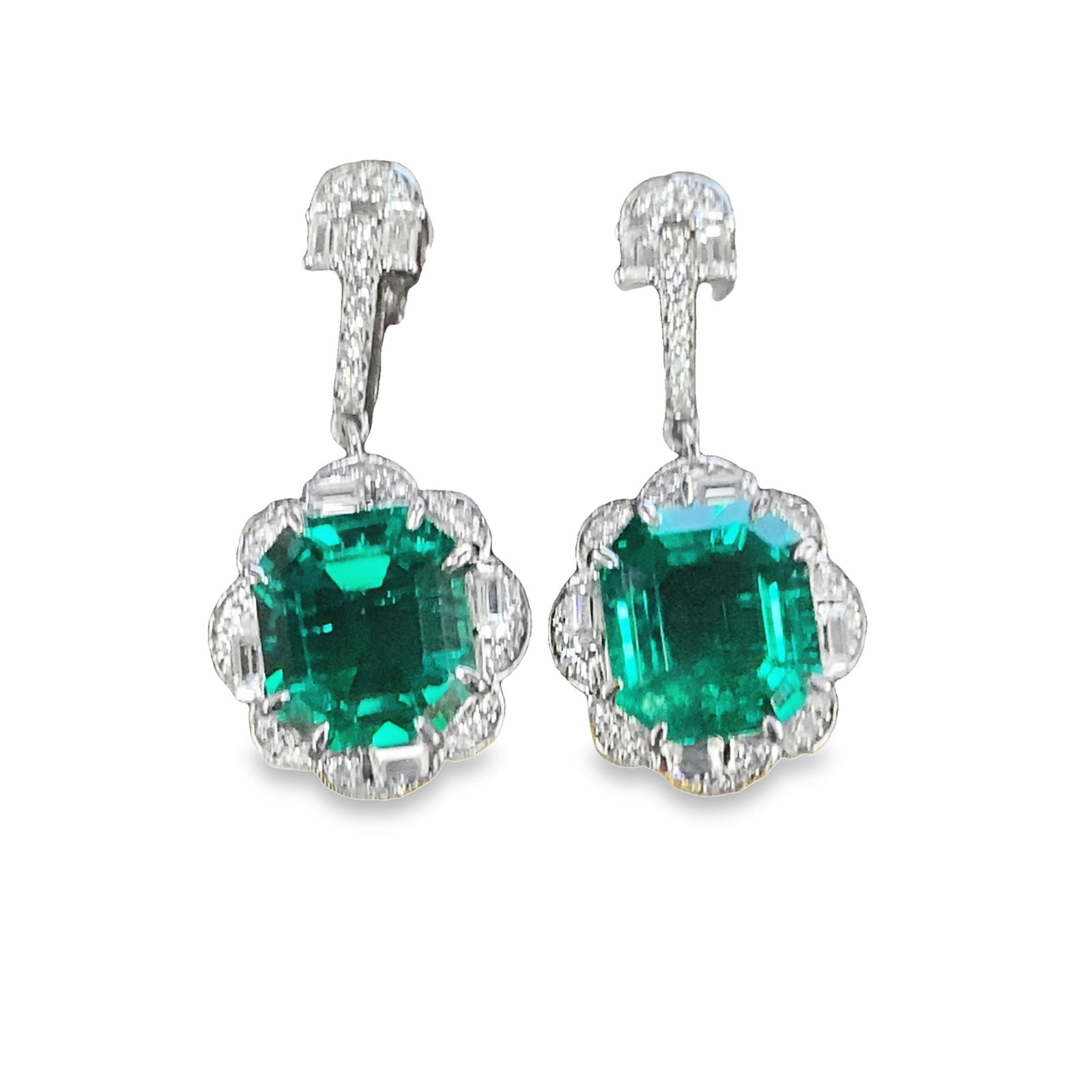 (LOT OF 2) LAB-GROWN EMERALD, DIAMOND AND STERLING SILVER EARRINGS: (lot of 2) Lab-grown emerald, diamond and sterling silver earrings. 3.59 ct (x2)