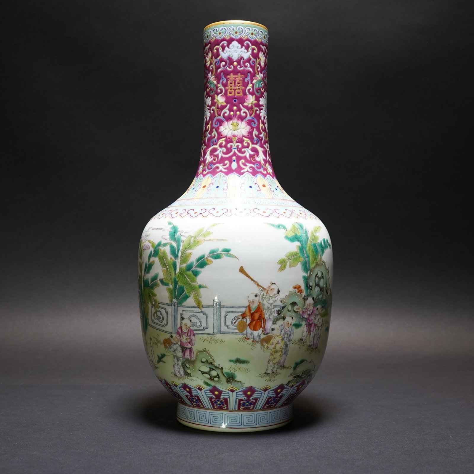 A FAMILLE-ROSE FIGURAL VASE, JIAQING MARK: A famille-rose figural vase, Jiaqing mark. 13.39"h x 6.69"w (34 x 17 cm)