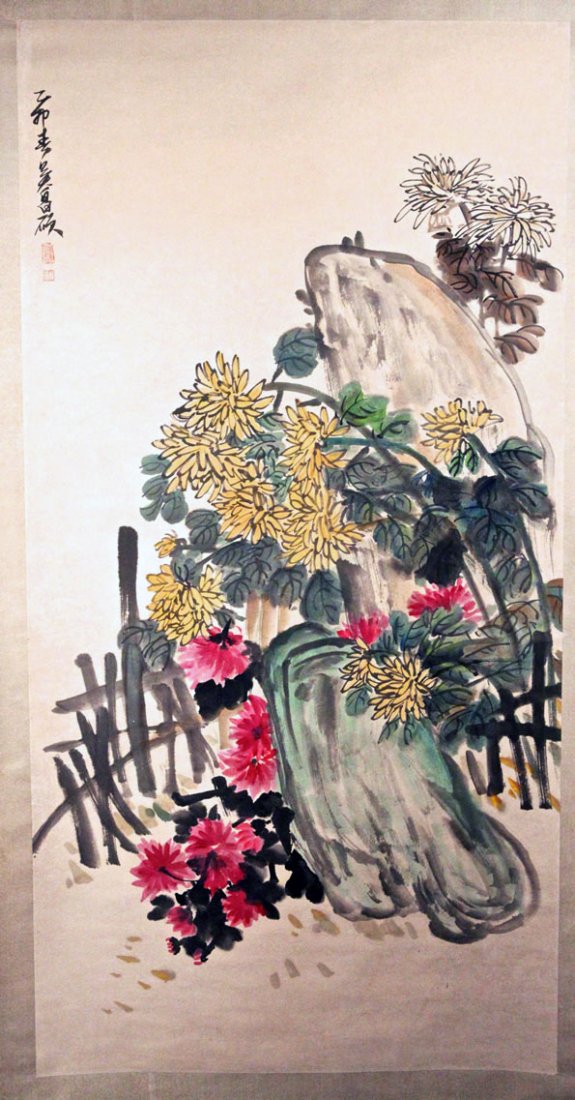 Chinese Scroll Painting: Chinese Scroll Painting, depicting of a bright colorful flowers, in the manner of Wu Changshuo. Width 26.5" Height 52"