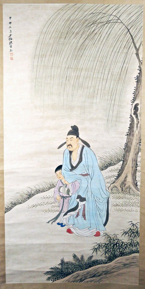 Chinese Scroll Painting: Chinese Scroll Painting, depicting of a wise man and a follower, in the manner of Chen Yunzhang. Width 25" Height 52"