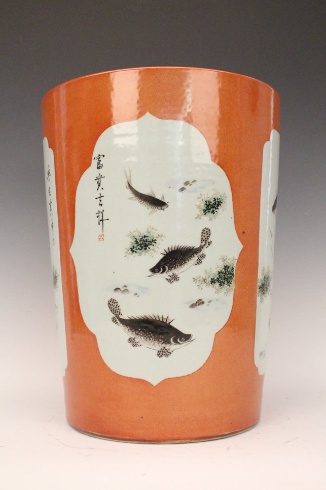 A Republic Hand-Painted Flower Pot: Hand painted bflower pot in matte coral tone with silhouettes of artistic koi and calligraphy detailing. Artist Deng Bishan. Republic period. (Slightly cracked) Diameter 10.5" Height 13.5"