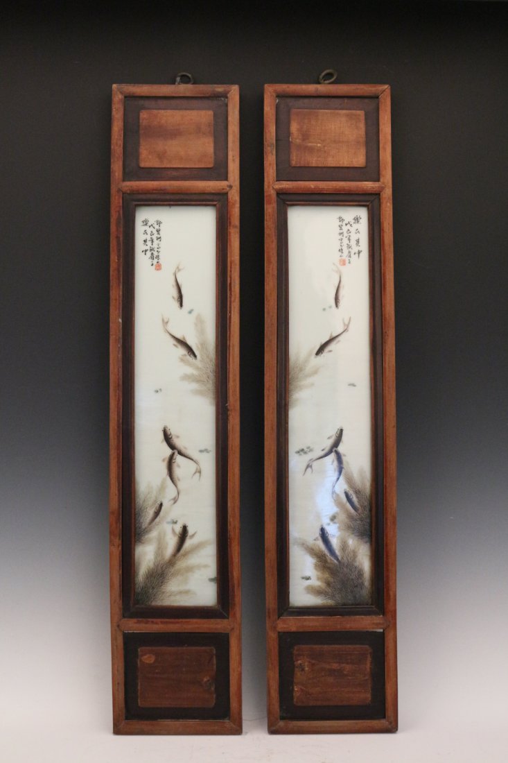 Two Porcelain Painting with Hardwood Frame: Two Porcelain Painting with Hardwood Frame, decorated with fishes, in the manner of Deng Bi Shan. Width 6.25" Height 31.25"