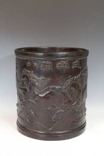 Hardwood Brush Pot: Hardwood Brush Pot, possibly Zitan, depicting eight horses in raised relief pattern. Height 9.5"
