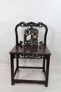 Chinese Rosewood Chair with Marble Inlay: Chinese rosewood Chair with Marble Inlay. The back of the chair is decorared with carving of dragon and bat. Width 21.5" Depth 17" Height 35.5"