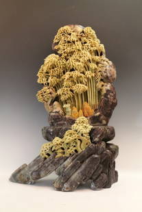 Intricately Carved Chinese Soapstone Shoushan Stone: A painstakingly carved Shoushan Soapstone featuring a bamboo forest and bamboo shoots and a small mountainside retreat. This piece is elegantly crafted. Width 17.5" Height 26"