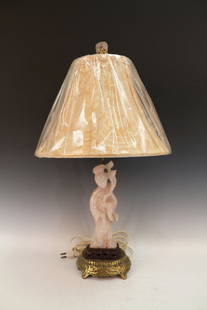 Chinese Shoushan Stone Table Lamp of a Carved Maiden: Chinese Shoushan Stone Table Lamp, carving of a chinese maiden. It comes with champagne color lamp shield shade. Height 23"