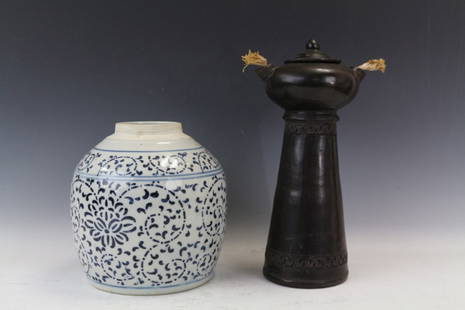 Ceramic Oil Lamp Burner and Chinese Blue & White: Ceramic Oil Lamp Burner, with two oil wick at the sides of the lamp burner. Diameter: 6" Height 12.5". Chinese Blue & White Porcelain jar, depicting flower patterns. Diameter 7.5"