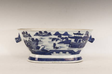 Chinese Blue & White Porcelain Flower Pot of octagon: Chinese Blue & White Porcelain Flower Pot of octagon shape, depicting landscape with handles. Width 12.5" Depth 8.25" Height 5"