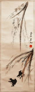 Chinese Scroll Painting: Chinese Scroll Painting depicting two frogs playing under a tree on the shore. Signature Qi Baishi. Width 13" Height 27"