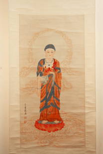 Chinese Scroll Painting: Chinese Scroll Painting depicting the Dunhuang Grottoes Buddha statue compassionate to mortal beings, divinely merciful and heart admirable. Signature Zhang Daqian. Width 17" Height 35"