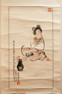 Chinese Scroll Painting: Chinese Scroll Painting depicting a young maiden holding a blue flower playing, brow like listening to music, quiet talk echoes the simple characters' inner richness and purity of collectible value.
