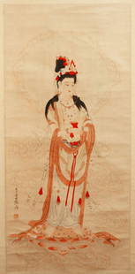 Chinese Scroll Painting: Chinese Scroll Painting depicting the Dunhuang Grottoes Buddha statue, foot on lotus, compassionate to mortal beings and divinely merciful and heart admirable. Signature Zhang Daqian. Width 16.75"