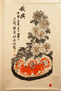 Chinese Scroll Painting: Chinese Scroll Painting depicting the harvest season, a few cooked crabs for celebrating the joy of harvest. Signature Zhu Yizhan. Width 17.5" Height 36.5"