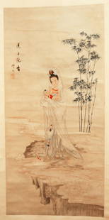 Chinese Scroll Painting: Chinese Scroll Painting depicting a "song-zi" Guanyin. Signature Xiu Zhu. Width 16.75" Height 35.5"