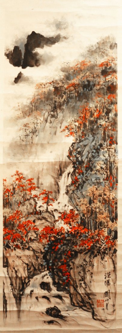Chinese Scroll Painting: Chinese Scroll Painting of landscape illustration during autum season. Signature Guan Shanyue. Width 18" Height 57"