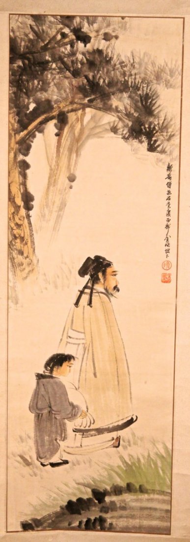 Chinese Scroll Painting: "Chinese Scroll Painting, depicting of a wise man and his follower. Artist Fu Bao Shi. Width 36"" Height 67"" "