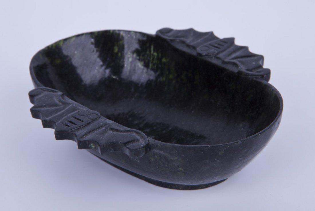 Stone Carved Brush Washer with bat handles: Stone Carved Brush Washer of dark greenish color with charming carved bat design handle on each side. Length 3.5" Width: 3" Height 1"