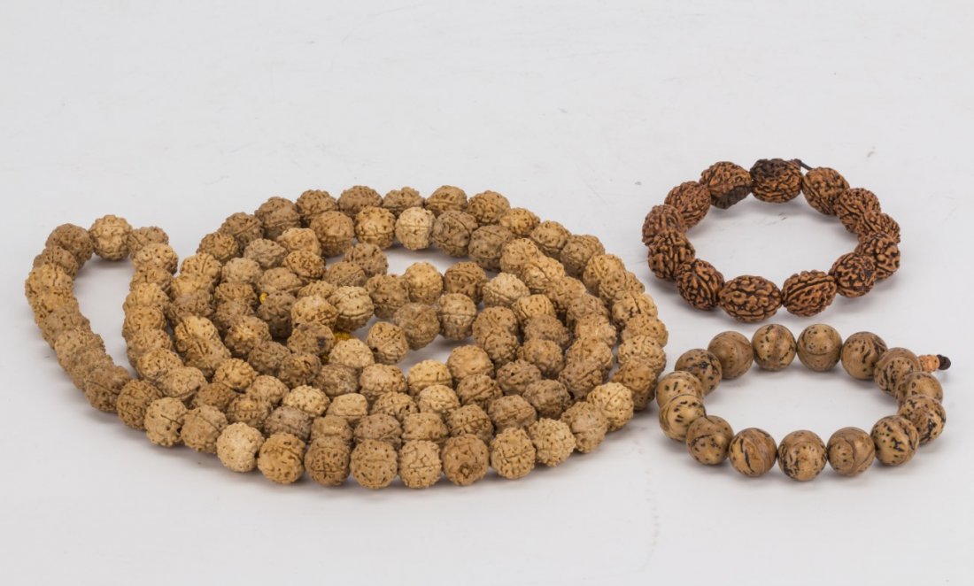 Bodhi and Walnut prayer bead necklace and bracelets: A long strand of Bodhi prayer bead necklace (109 beads), one Bodhi bead bracelet and the other walnut bead bracelet. One is of darker brown tone (13 beads), the other is round in shape (15 beads)