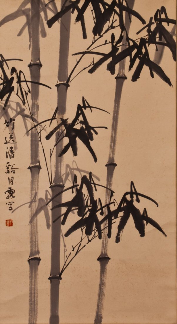 Chinese Scroll Painting: Chinese Scroll Painting, ink on paper, depicting bamboo trees, signature after Yue Lu . Length 25.75" Width 13.75"