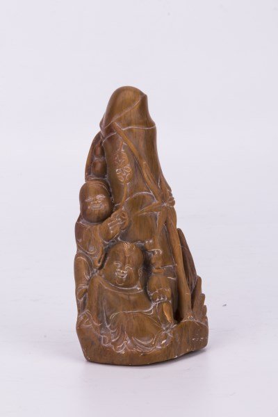 Chinese Carved Soapstone Shoushan: Chinese Carved Soapstone of chubby children playing hide-and-seek around Bamboo tree brushes. Width 2.5" Height 5.75"