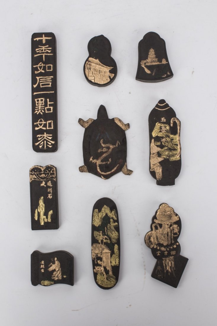 An assortment of nine pieces of cinnabar inkstones: An assortment of nine pieces of cinnabar inkstones. Length5.5" Width1.25" Height 0.5"