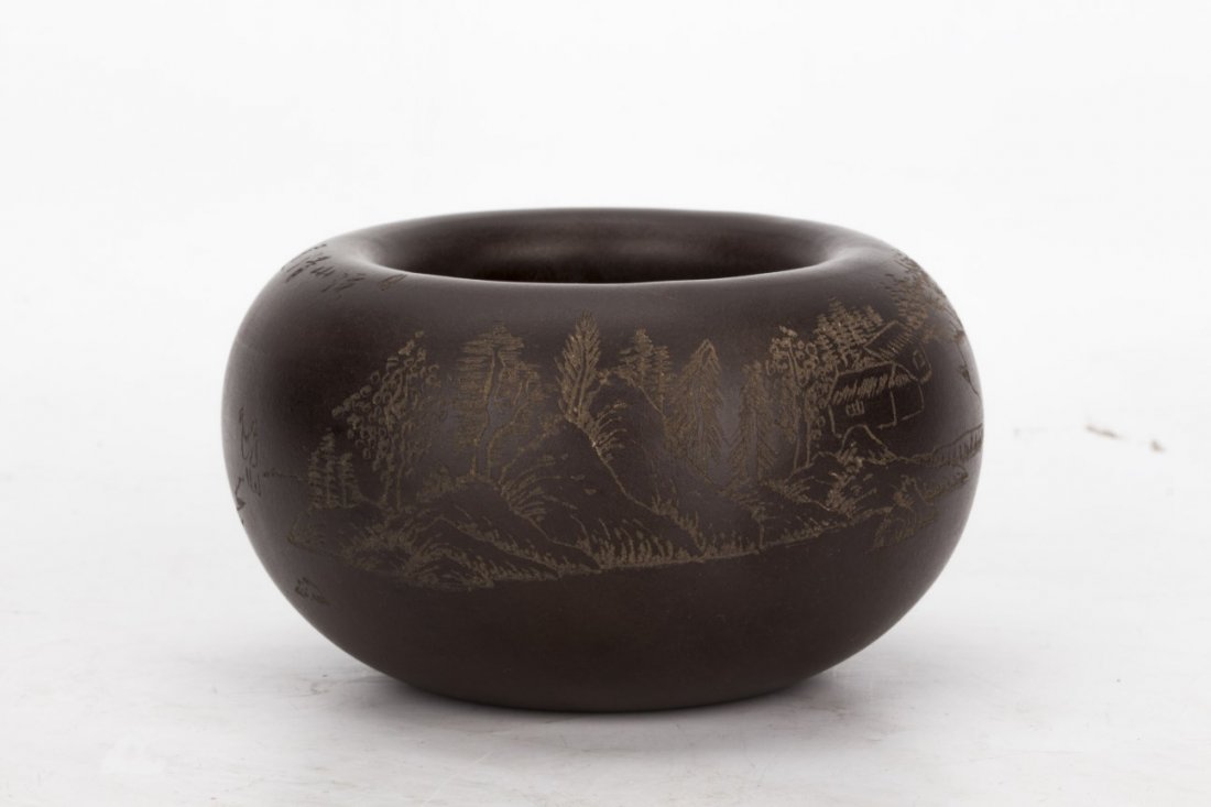 Chinese Zisha Flower Bowl: Impeccably hewn flower bowl with landscape inscription detailing. Remarkably crafted. Diameter 4.25" Height 2.5"
