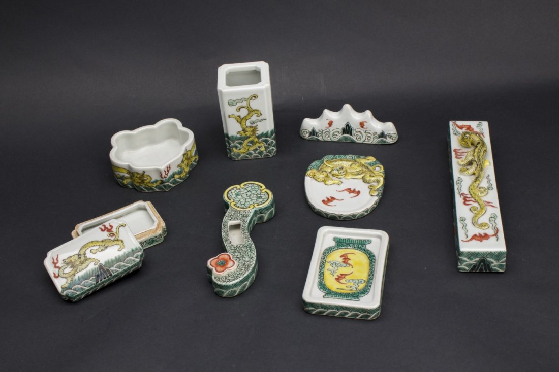 Famille Rose Porcelain Treasures of the Study: Famille Rose Porcelain Treasures of the study. Group of eight scholar porcelain items related to Brush, Ink, Paper, Inkstone, seal stamp.