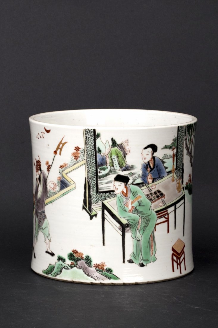 Elegant Chinese Famille Rose brush pot: Elegant Chinese Famille Rose brush pot featuring two scholars practicing calligraphy under a garden gazebo. Meticulously rendered. Diameter 7.25" Height 6.5"