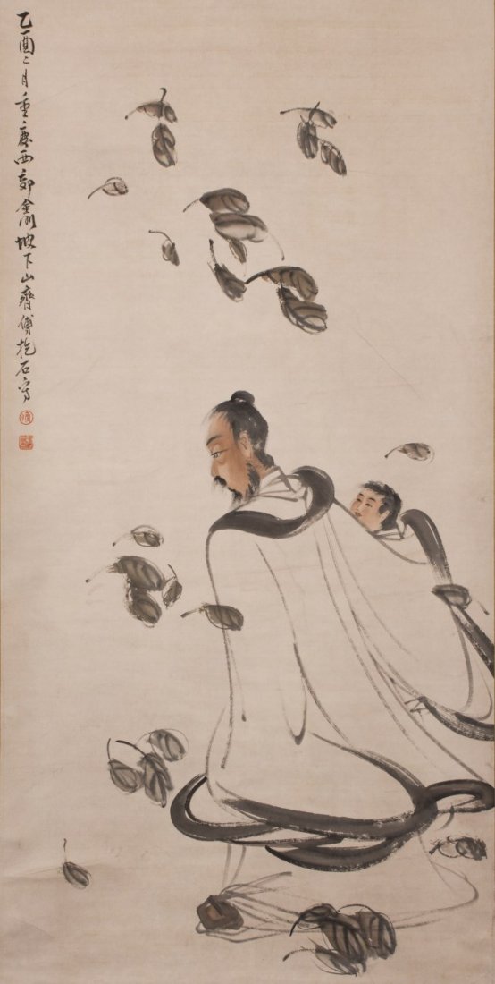 Chinese Scroll Painting: Chinese Scroll Painting, ink and color, after Fu Baoshi, titled, and calligraphy signature, followed two red seals on the left side of paper, depicts of two figures walking on a gust wind with some fl