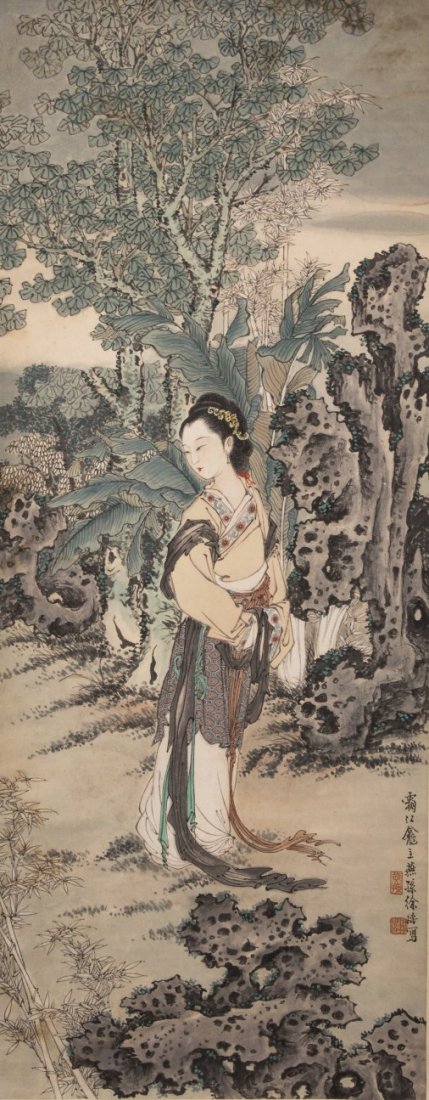 Chinese Scroll Painting: Chinese Scroll Painting, after Chao Xu, ink and color on paper, Gongbi style. The painting depicts an ancient woman standing in the garden yard. Length 42.5" Width 17"
