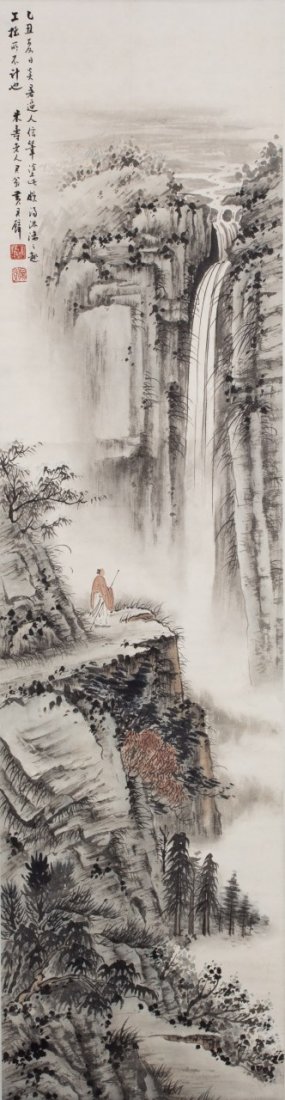 Chinese ink and color on paper hanging scroll painting: Chinese ink and color on paper hanging scroll painting, of wide mountainous view with a cascading waterfall, with an old scholar faced back to the audience and towards the waterfall, of grayish tones 