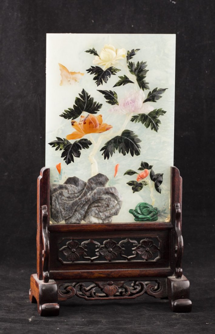 Chinese Agate Plaque Screen: Chinese agate plaque inlay with gemstone wood stand.Depicting the colorful flowers. Lengt 7.75" Width 4.5" Height 14"