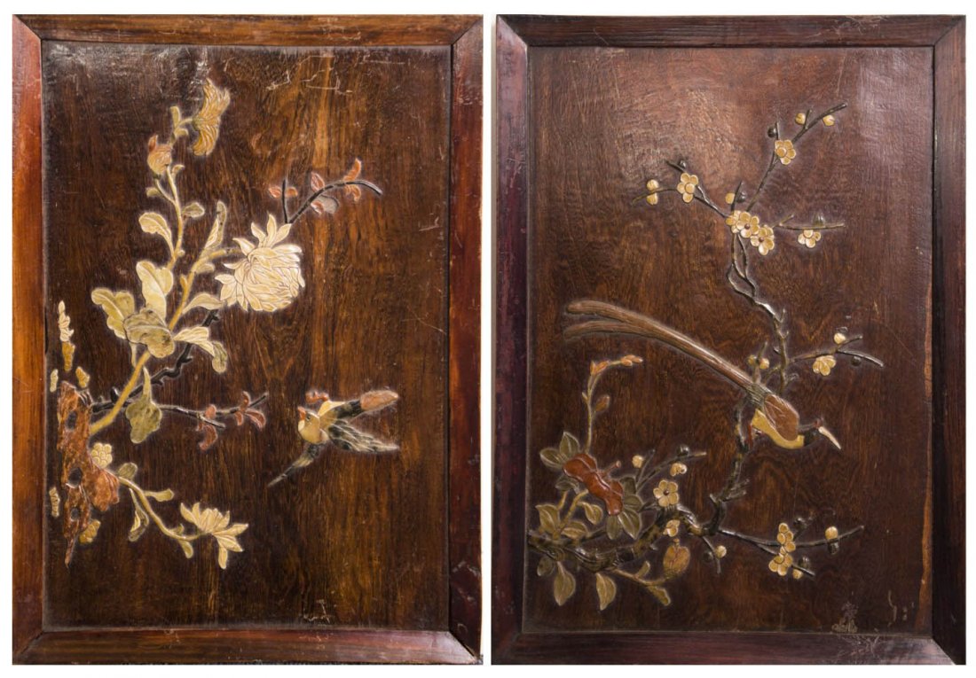 Pair of Chinese Carved Hardwood Panels: Pair of Chinese hardwood panels of rectangular form, with nicely applique carved soapstone inlaid with the design of birds and flowers. Length 17" Width 11.5"