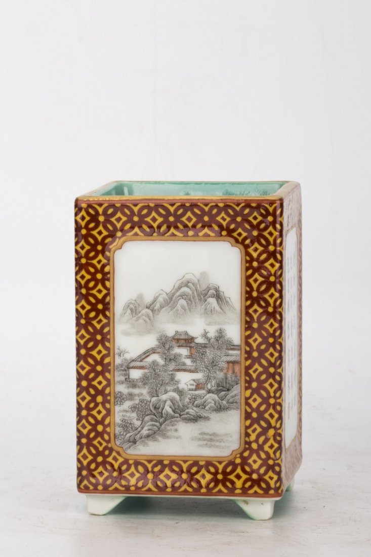 Chinese Famille Rose Porcelain Brush Pot: Chinese Famille Rose Brush Pot with a turquoise glazed on the inside and footed base. Featuring artist calligraphy and stamp seal on one surface and a resplendent, with the landscape on the other side