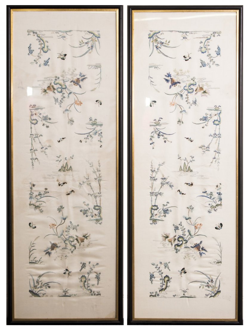 Chinese Framed Embroidery Panel: Chinese framed embroidery panel, of elongated rectangular form, with the design of butterfly, golden fish with flower pattern around in white and blue background. Length 38" Width 12.5"