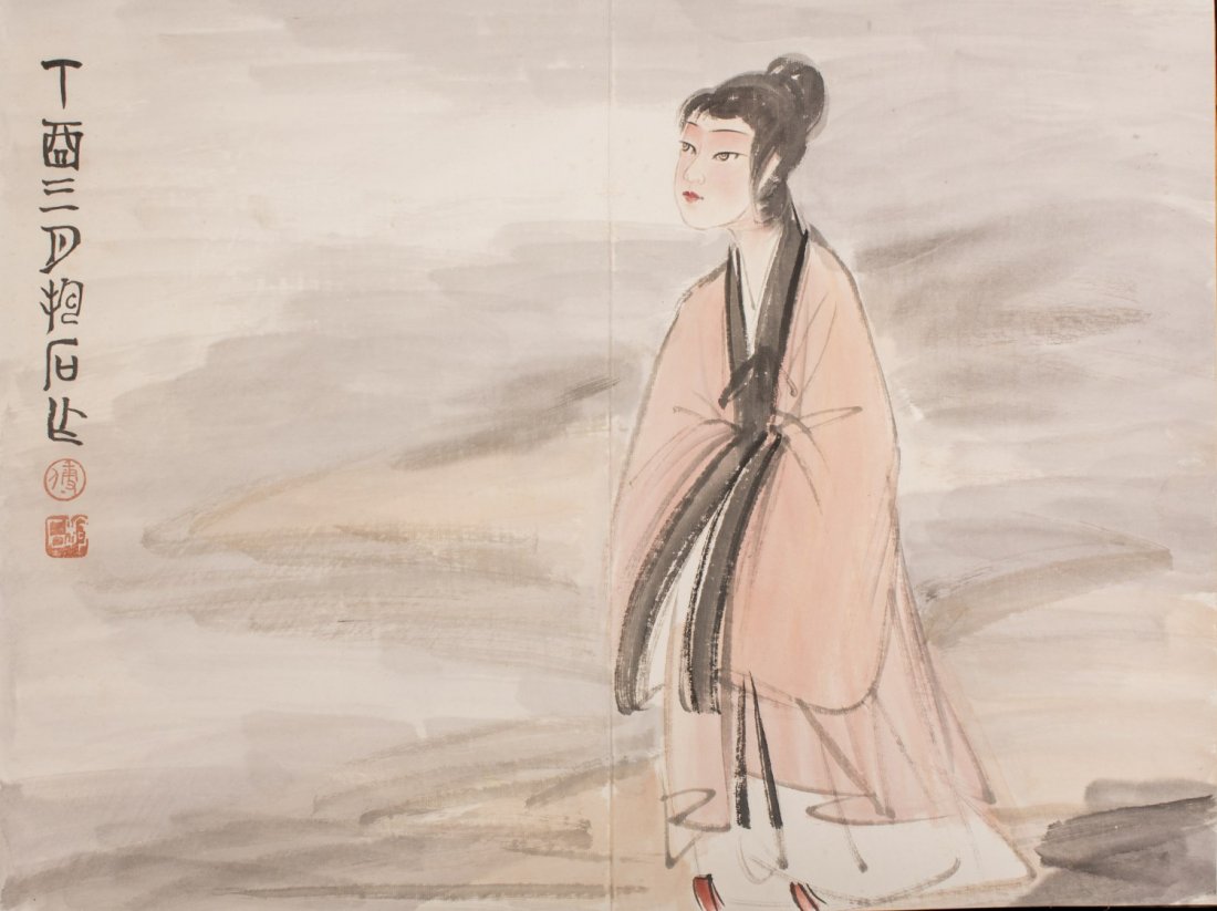 Chinese Album Painting: Chinese ink and color album painting, painting with the ancient lady, attribute to Fu Baoshi. Included 11 pages. Length 22" Width 11.5"