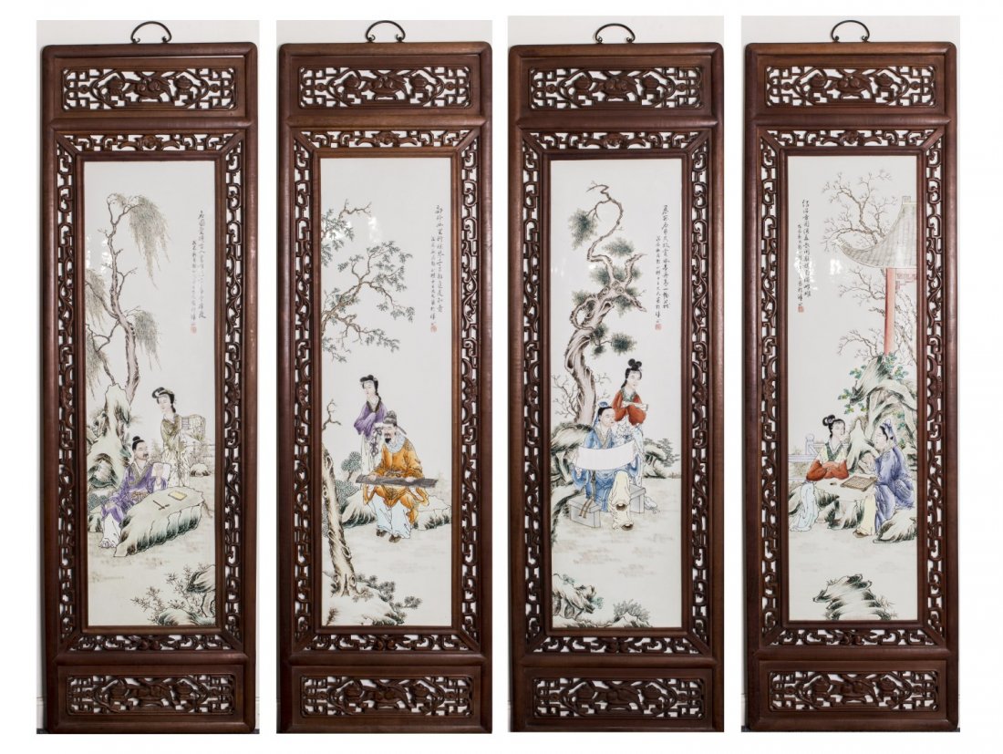 A Set of Four Porcelain Plaque.: Wang Da Fan Porcelain Plaque of four porcelain painting plaque of piano, chess, calligraphy and painting theme