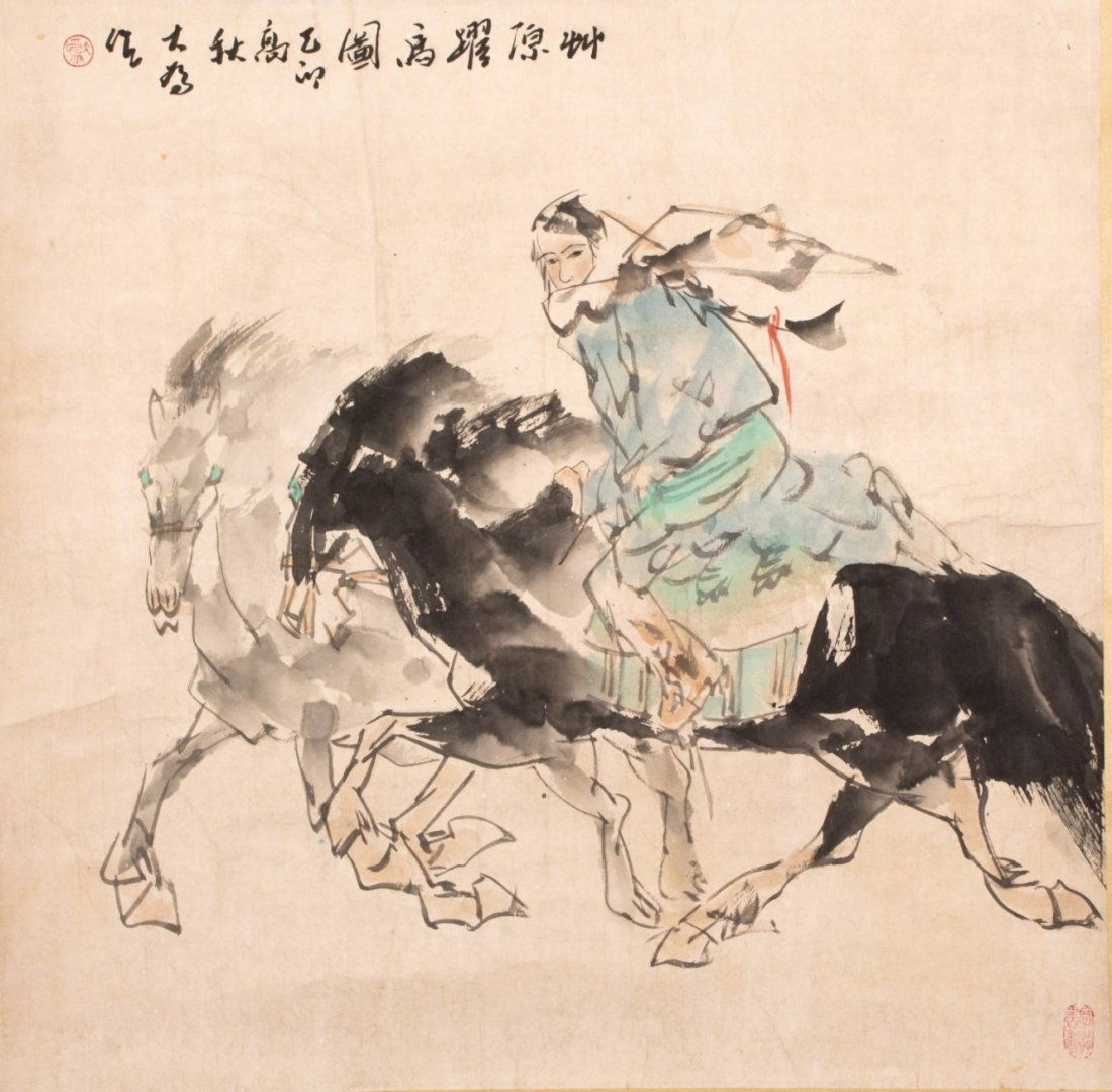 Chinese Scroll Painting: Chinese scroll ink and color on paper painting, depicting a man riding a dark horse, with a white horse besides him, attribute to Liu Dawei. Length 26" Width 26"