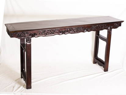 Chinese Carved Hardwood or Rosewood Altar Table: Chinese beautifully carved Hardwood or Rosewood Altar Table, carved pattern like gourd, fan and flute. Qing Period. Length 81.5" Width 17.25" Height 38.75"