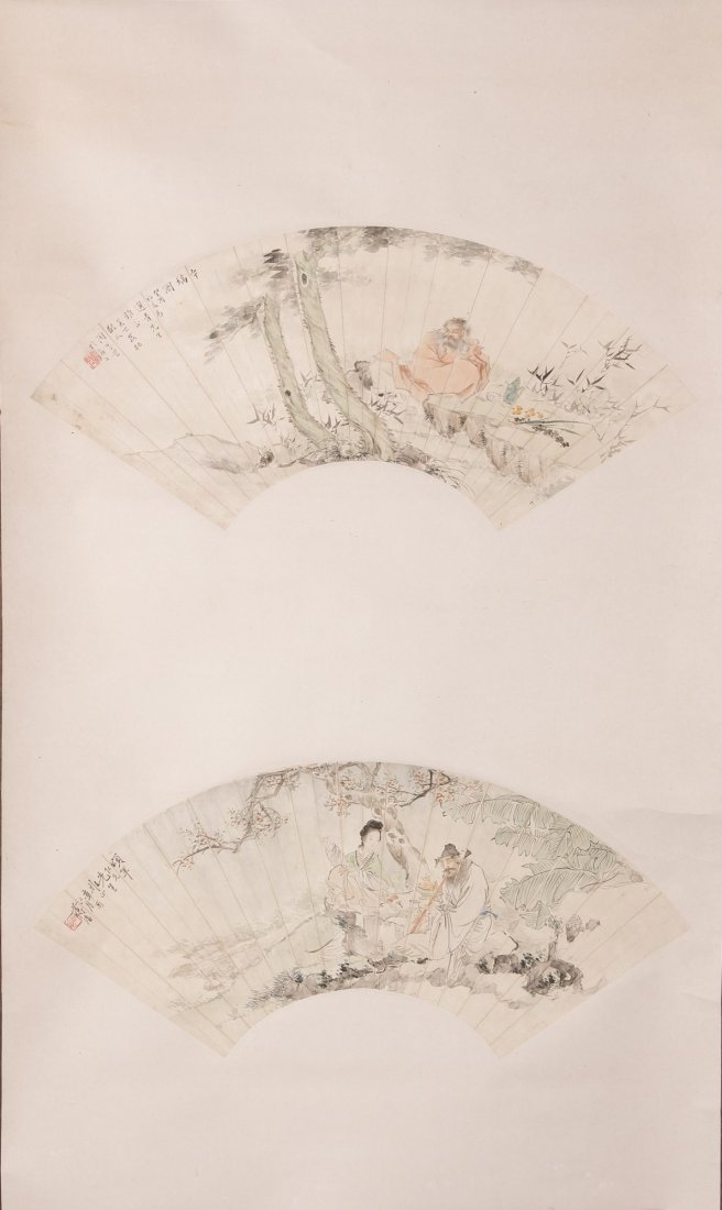 Double Chinese Fan-Shaped Scroll Painting: Chinese Scroll painting, ink and color on the Fan-Shaped paper the one of a guy with red cloth beside two tree; the other one of a couple sit under a huge tree. The man play a instrument and the woman