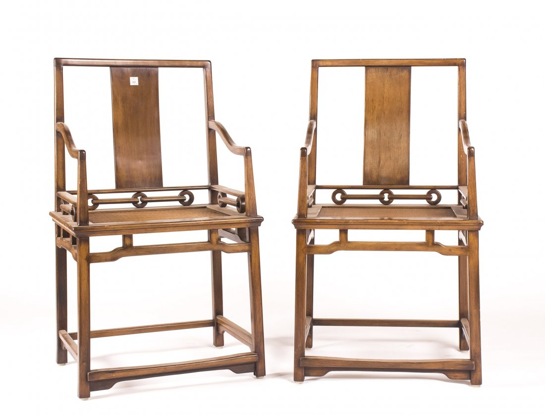 Pair of Hardwood Chair: Chinese Hardwood Chair with simpleness hollowed carved, of rectangular form. The material of seat is rattan. Lengh 18" Width 22" Height 38.25"