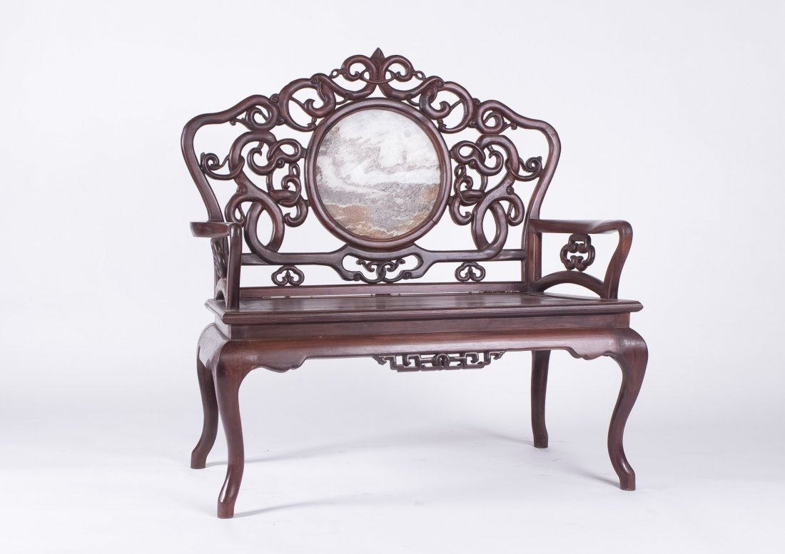 Chinese Rosewood Rose Chair: Chinese Rosewood Rose Chair with elaborately hollowed carved, of fruity form. Inserts with round shape natural stone on the back.. Lengh 20" Width 41.75" Height 42.5"