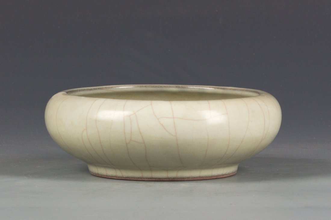 Chinese Celadon Porcelain Brush Washer: Chinese Celadon Porcelain Brush Washer with charming natural cracking glaze. Diameter 7.75" Height 2.75"