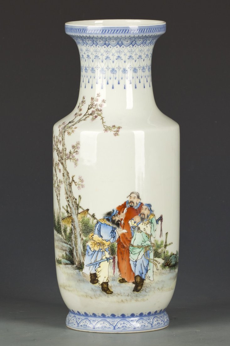 A Chinese famille rose porcelain elephant leg vase: Chinese Famille Rose Porcelain Elephant Leg Vase with realistic painting. The painting describes the story of "Tao Yuan Jie Yi" in "San Guo" period. Signed and with seals on the bottom. Diameter 5" He