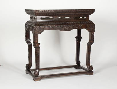 Chinese Hardwood Altar Table: Chinese Hardwood rectangular form Altar Table with finely carved and high polished, of straight and curved leg. Length 31.25" Width 16.5" Height 33.75"